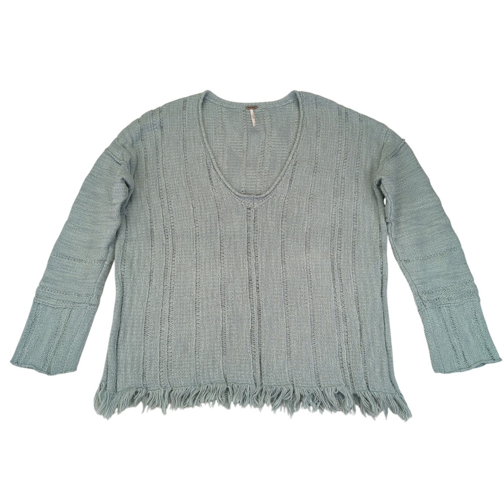 Free People Mint Sage V-Neck Fringe Knit Sweater
